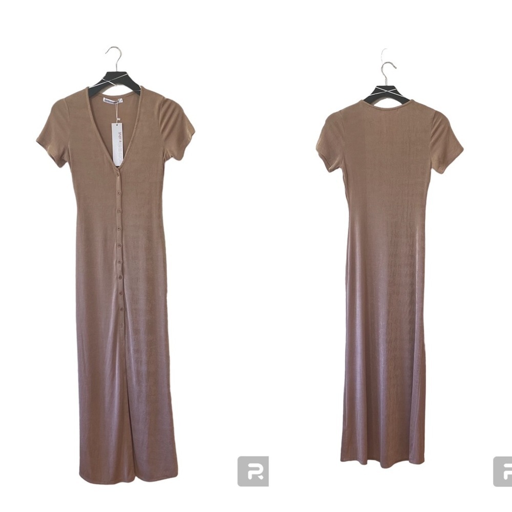 NWT Morning Mist Button Down Short Sleeve Slinky Shirt Maxi Dress‎ in Beige